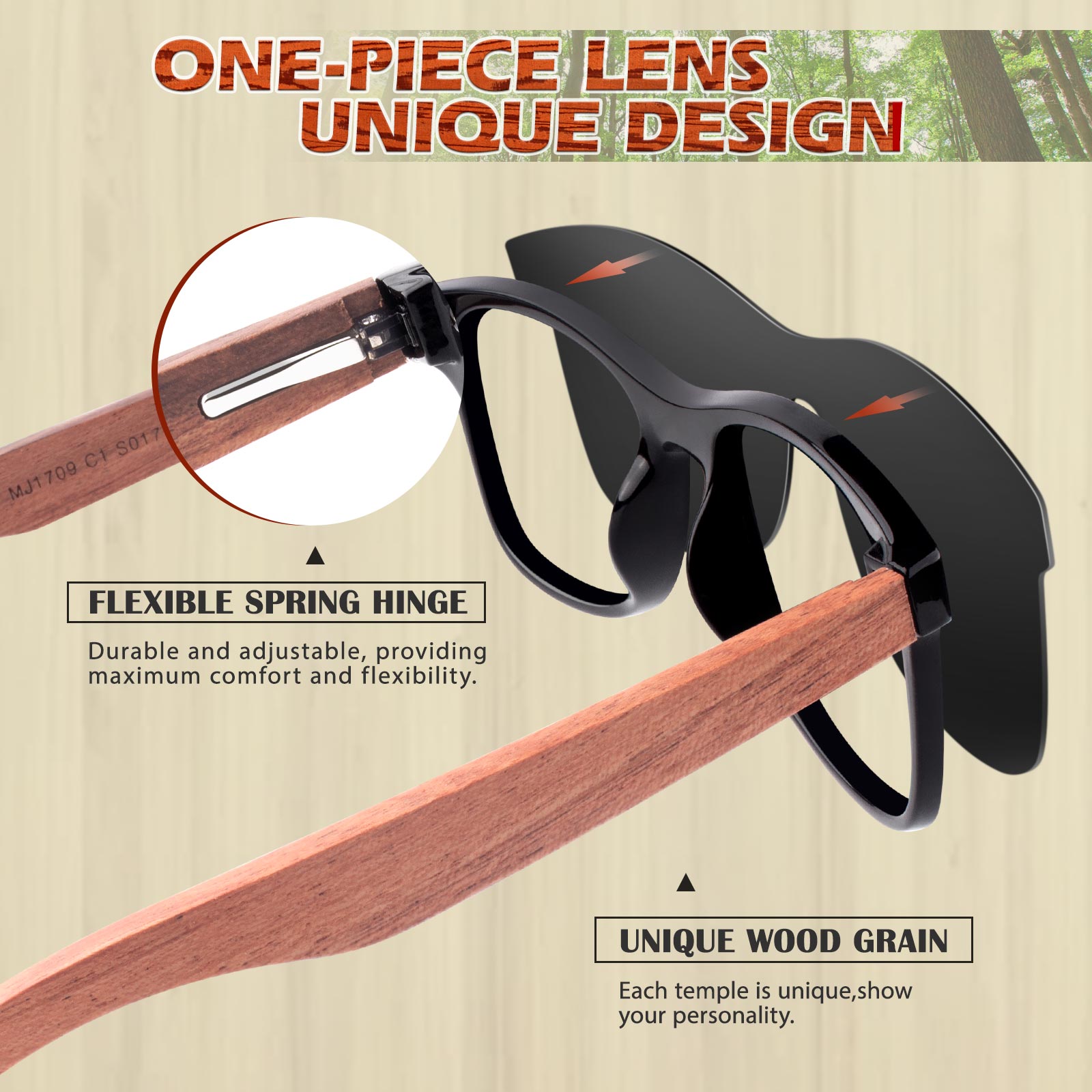 Classic Wayfarer Wood Flat One Piece Sunglasses MJ1709
